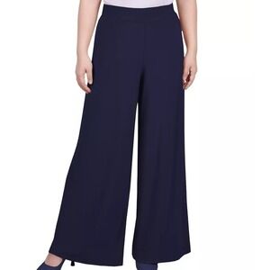 NY Collection Mid Rise Pull On Wide Leg Palazzo Pants Stretch Navy Womens PM